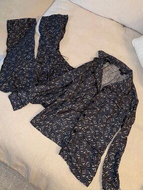 Authentic Louis Vuitton Black Grey Monogram Silk Pajamas Set Pants FR34 Small